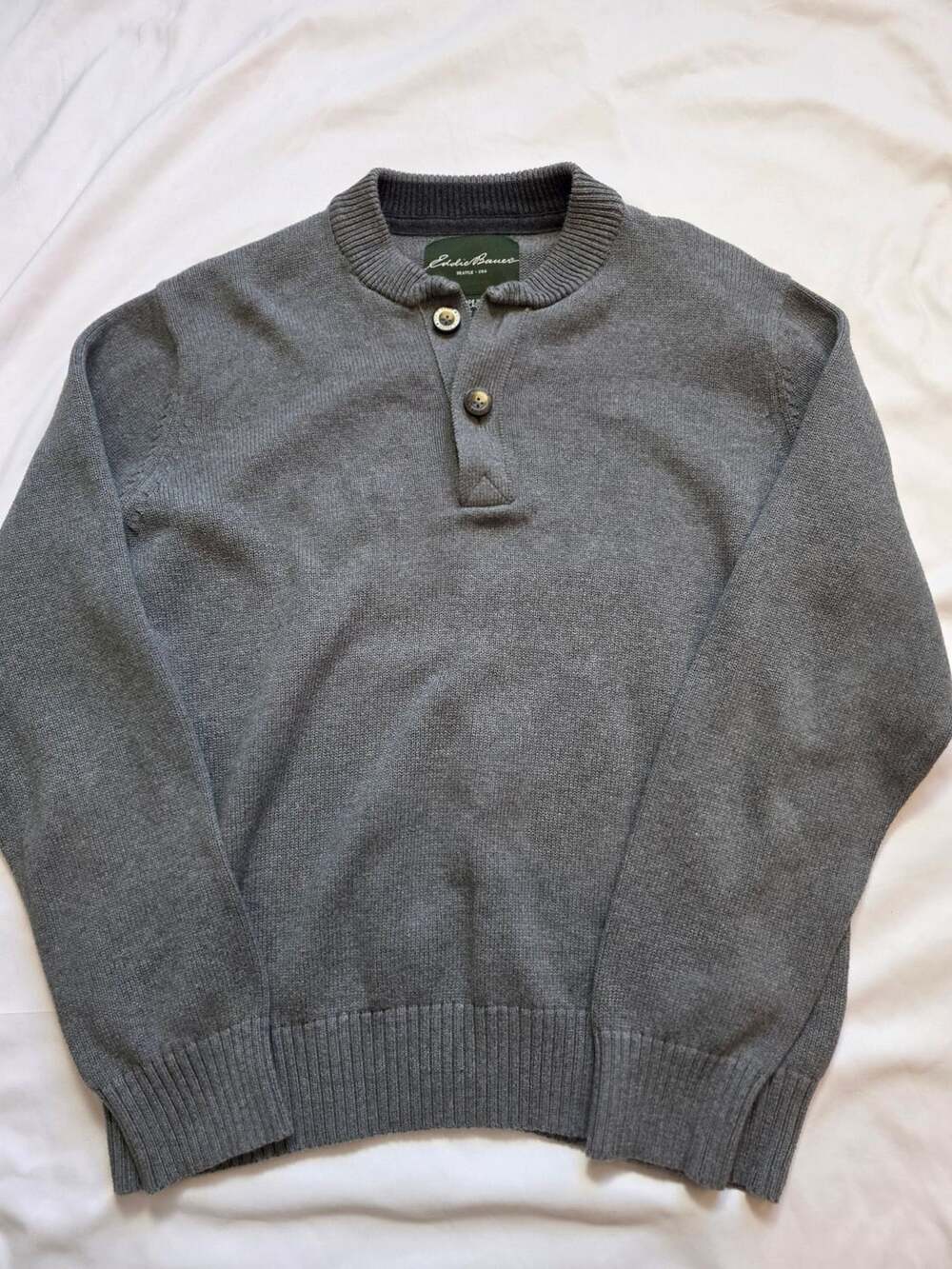 Eddie Bauer Henley Sweater Size L Grey Cotton Pullover